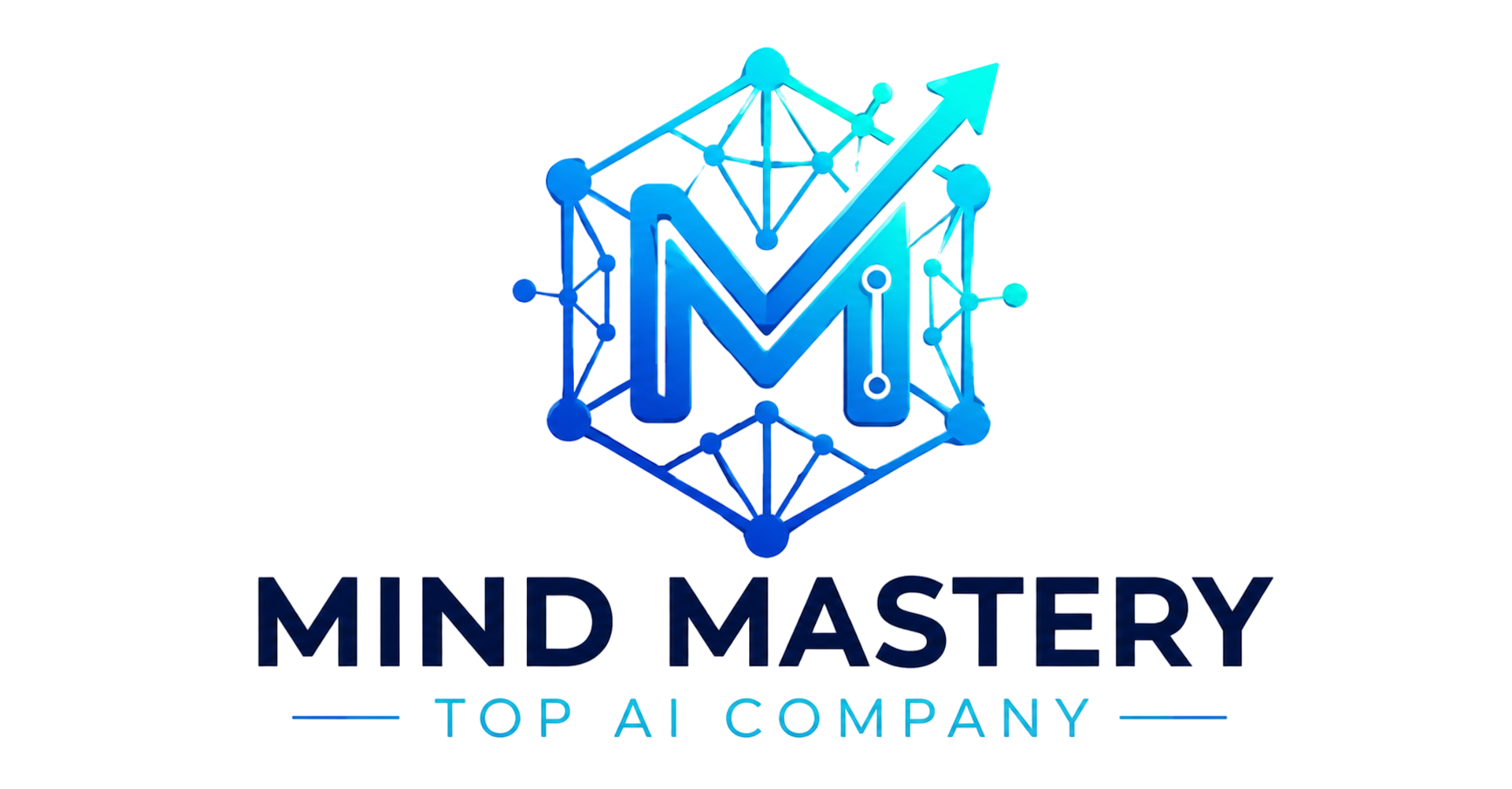Mind Mastery logo featuring a blue AI network hexagon with the letter M and an upward growth arrow, representing artificial intelligence, technology, and digital innovation.