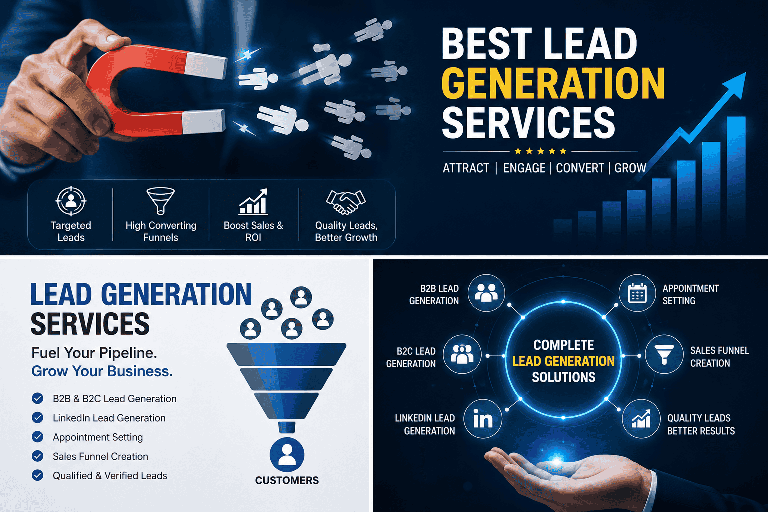 Professional infographic showcasing the Best Lead Generation Services Company in India with B2B & B2C lead generation, LinkedIn outreach, appointment setting, sales funnel creation, and business growth strategies.