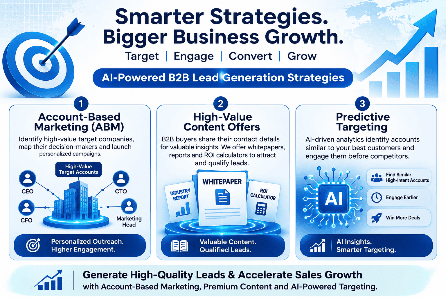 Professional infographic showcasing AI-powered B2B lead generation strategies, including Account-Based Marketing (ABM), high-value content offers, predictive targeting, AI analytics, personalized outreach, qualified lead generation, and business growth.
